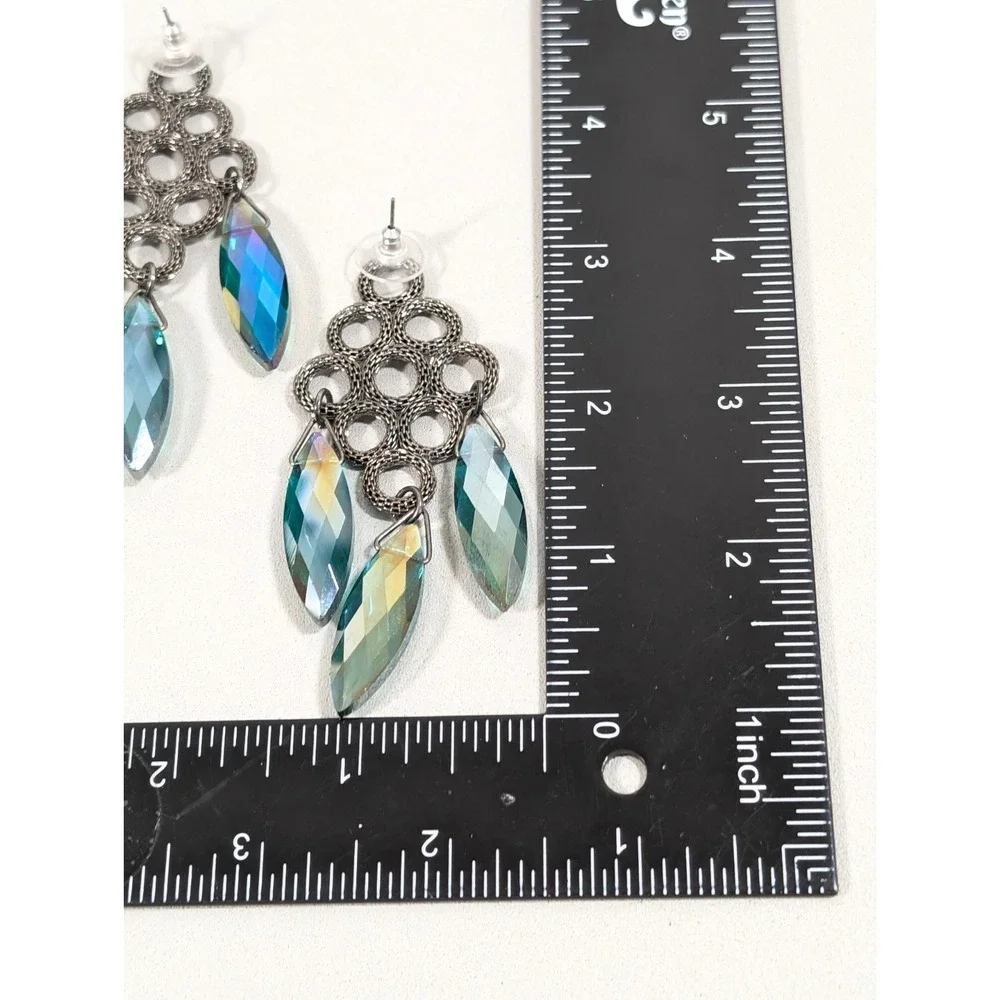 Gunmetal Mesh Chain Chandelier Earrings Green AB Crystal‎ Dangle